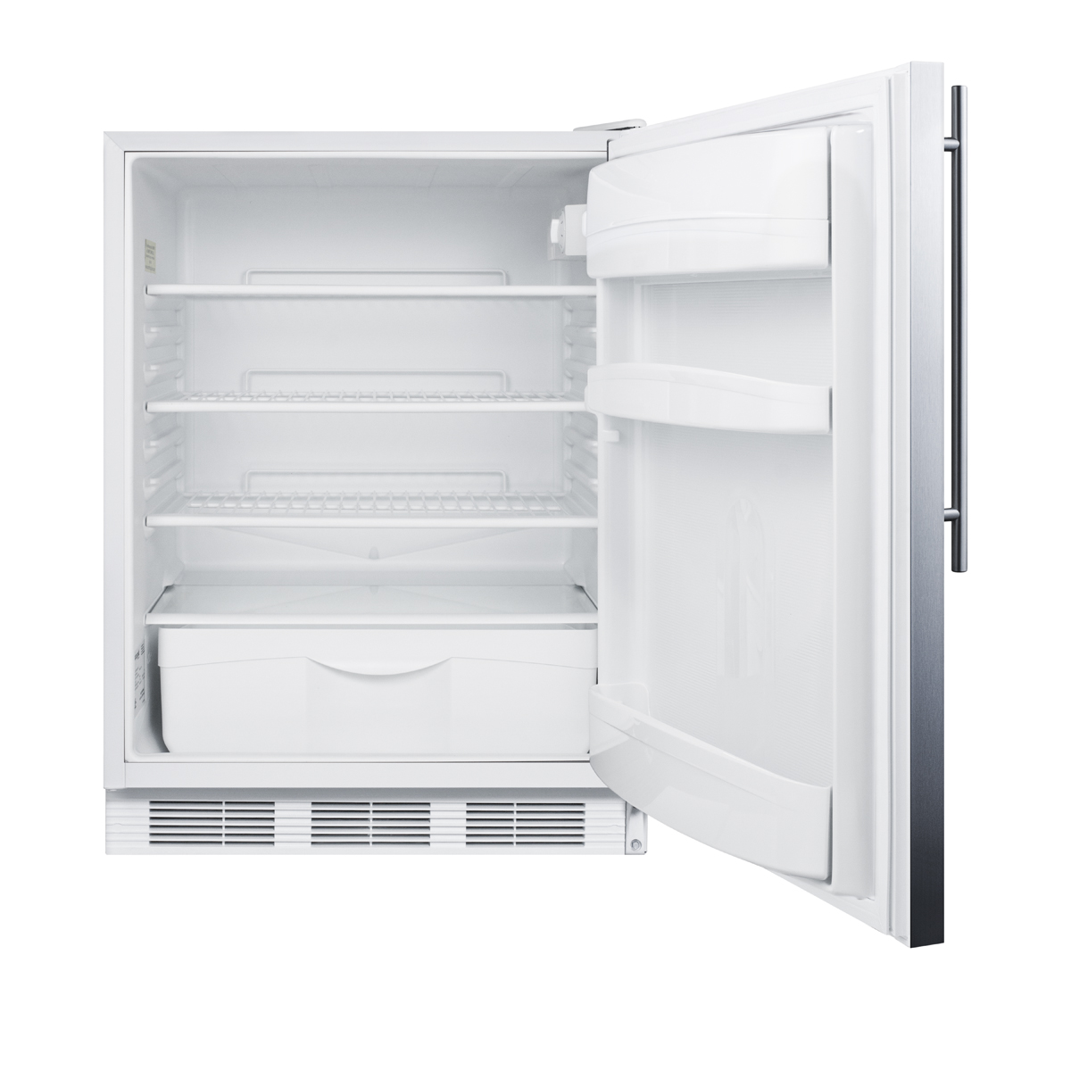 ADA compliant commercial all-refrigerator for built-in general purpose use, auto defrost w/lock, SS wrapped door, thin handle, and white cabinet